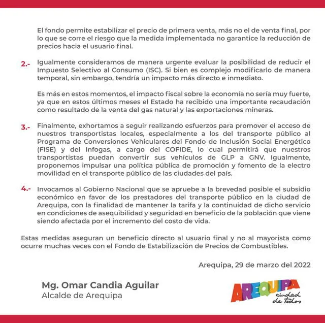 Alcalde de Arequipa pide al presidente Castillo tomar medidas ante alza de combustibles