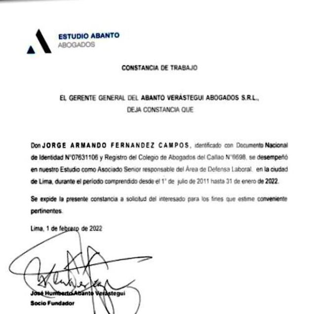 Constancia de trabajo de Jorge Fernández Campos.