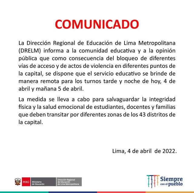 Comunicado de la Dirección Regional de Educación de Lima
