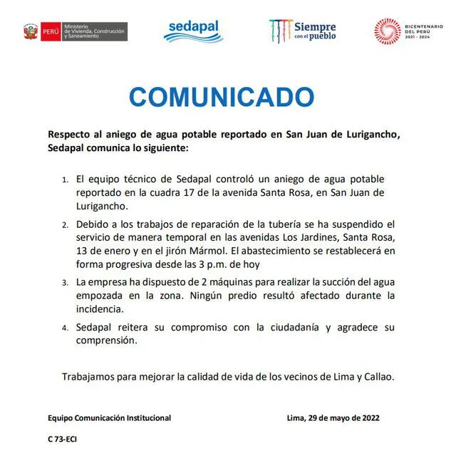 Comunicado Sedapal