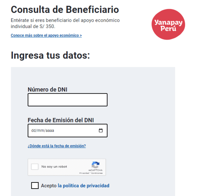 Plataforma online del Bono Yanapay Perú. Foto: captura