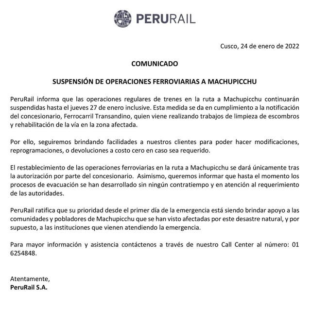 Empresa ferroviaria emitió comunicado este lunes 24. Foto: PeruRail
