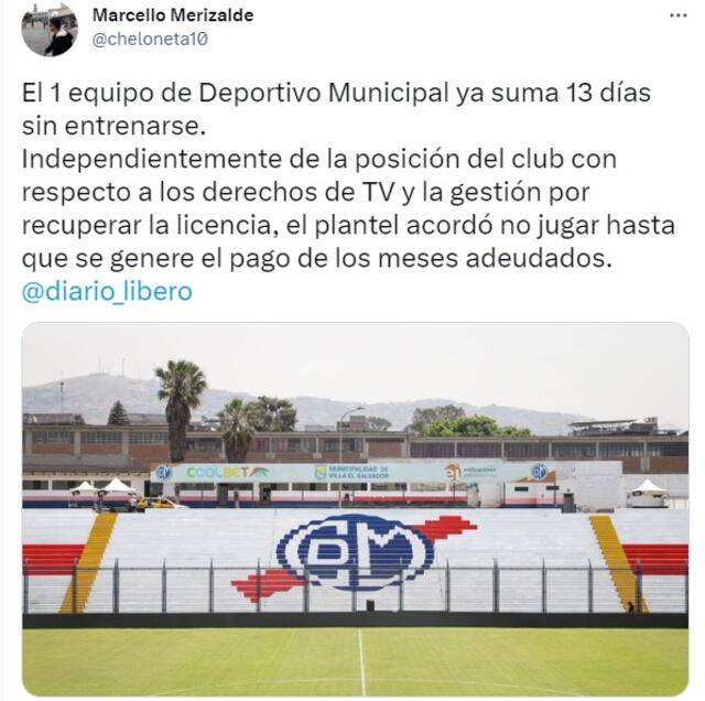 Deportivo Municipal no jugaría ante Mannucci por decisión de sus jugadores. Foto: captura de Twitter/ @cheloneta10   