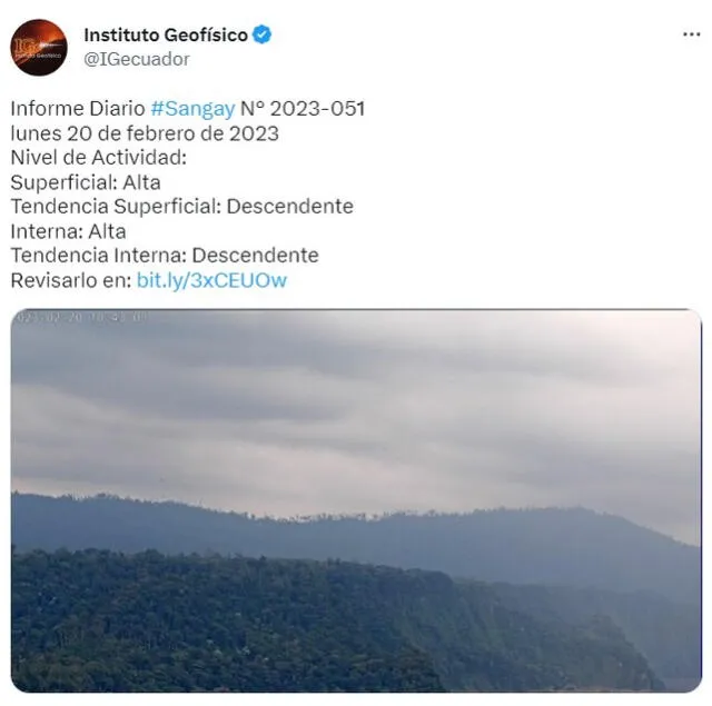  Informe diario del volcán Sangay. Foto: @IGecuador/ Twitter   