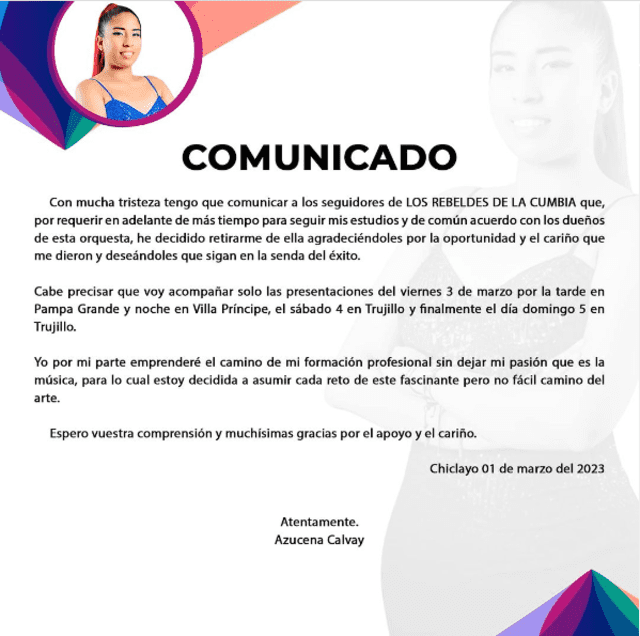 Azucena Calvay deja los Rebeldes de la cumbia. Foto: Instagram   