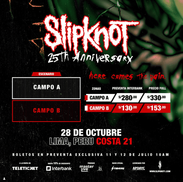 Slipknot llegará a Lima en octubre. Foto: Teleticket   