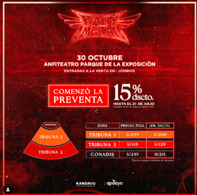  Precios de entradas en preventa y venta general para el concierto de Babymetal en Perú. Foto: captura Joinnus   