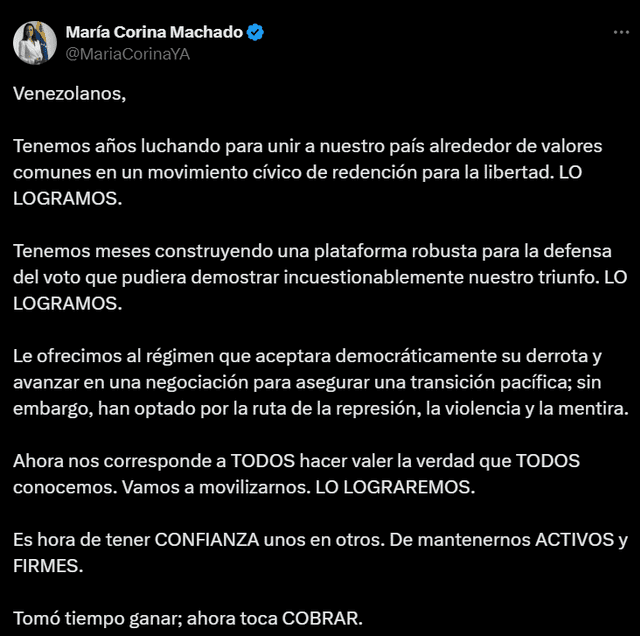 Mensaje publicado por María Corina Machado en su cuenta de X. 