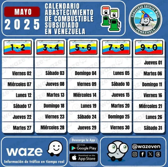 El cronograma para surtir gasolina subsidiada se renueva cada mes. Foto: Waze Venezuela/X El cronograma para surtir gasolina subsidiada se renueva cada mes. Foto: Waze Venezuela/X