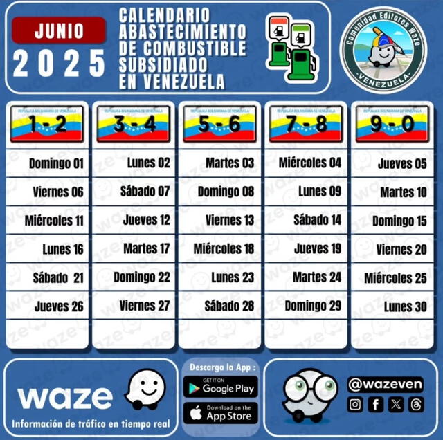 El cronograma para surtir gasolina subsidiada se renueva cada mes. Foto: Waze Venezuela/X El cronograma para surtir gasolina subsidiada se renueva cada mes. Foto: Waze Venezuela/X