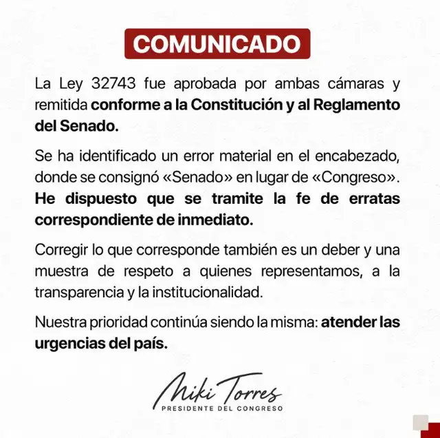 Comunicado del presidente del Congreso.