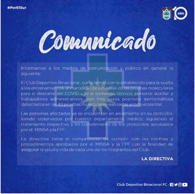 Comunicado COVID - 19 del club Deportivo Binacional