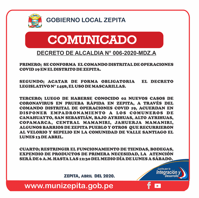 Comunicado Municipalidad Distrital Zepita.