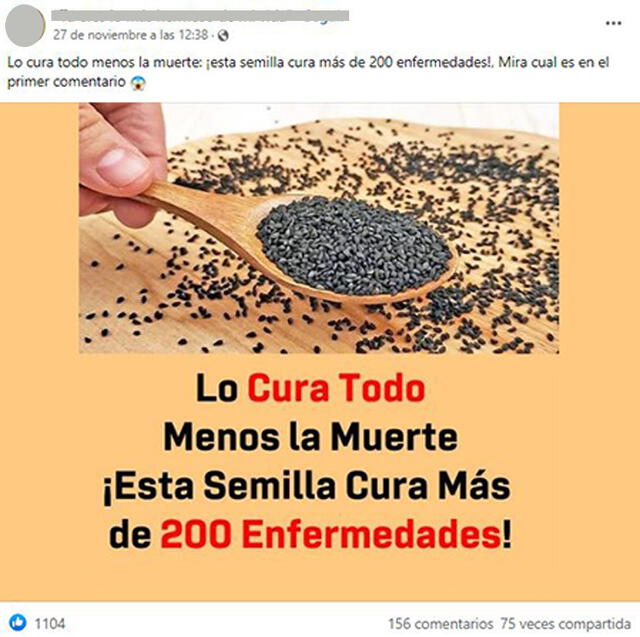 En la imagen se lee que el comino negro supuestamente cura más de 200 enfermedades. Foto: captura en Facebook.