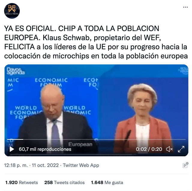 Publicación viral que adjunta video de la conversación entre Schwab y Ursula von der Leyen. Foto: captura LR/Twitter.