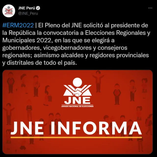 Jurado Nacional de Elecciones solicitó al presidente Pedro Castillo convocar las Elecciones Regionales y Municipales 2022. Foto: Captura de Twitter
