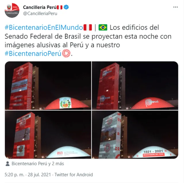 Los edificios del Senado Federal de Brasil se iluminaron con imágenes alusivas al Perú. Foto: captura de Twitter/@CancilleriaPeru