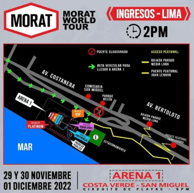 ¿Cuáles son los puntos de acceso para el concierto de Morat en Perú?