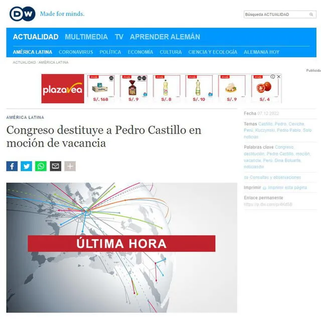 Medios internacionales informan sobre la vacancia de Castillo.