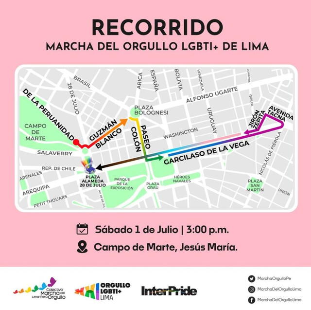 A diferencia de años anteriores, la movilización no culminará en la plaza San Martín. Foto: Marcha Del Orgullo Lima / Facebook    