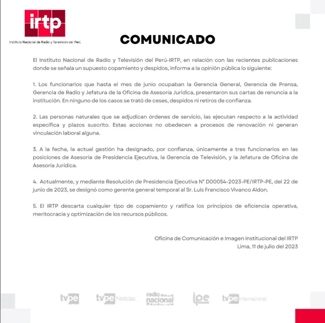  Comunicado de IRTP acerca de los despidos denunciados en TV Perú. Foto: Twitter de IRTP   