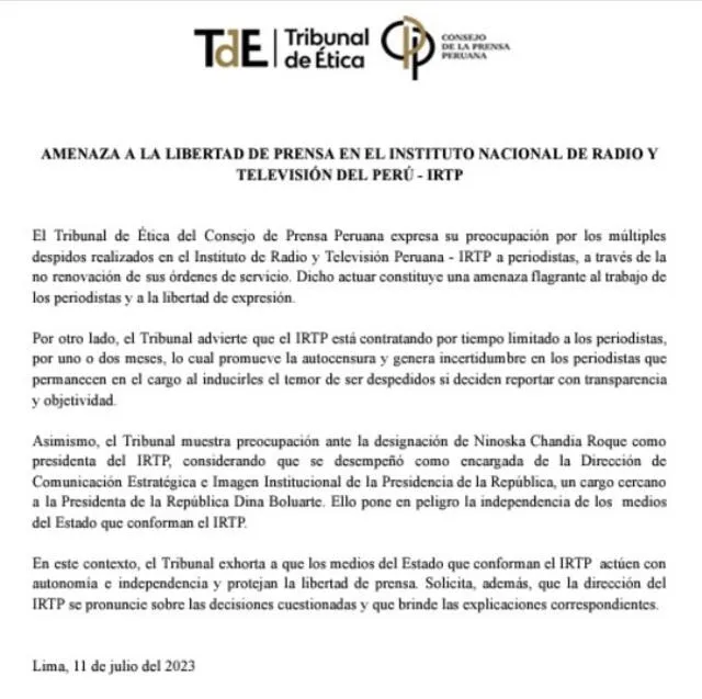Comunicado del Tribunal de Ética del Consejo de la Prensa Peruana. (Foto: Twitter de CPP)   