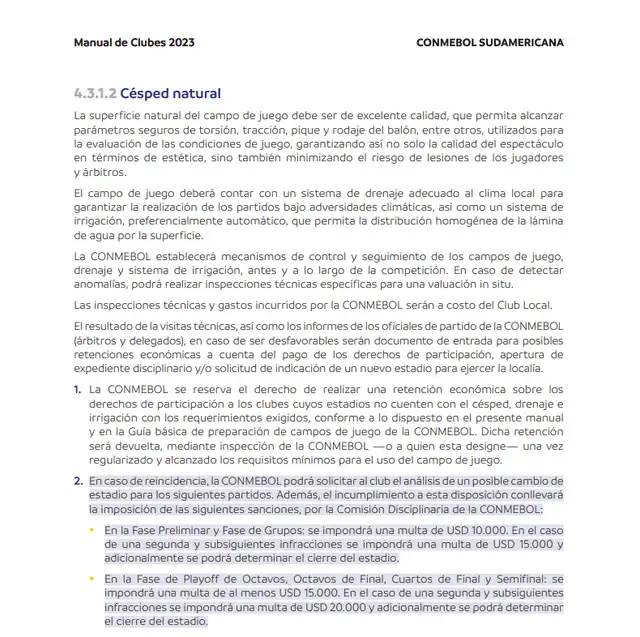 Punto sobre la infraestructura de los estadios. Foto: Manual de Clubes de la Conmebol Sudamericana 2023 Punto sobre la infraestructura de los estadios. Foto: Manual de Clubes de la Conmebol Sudamericana 2023