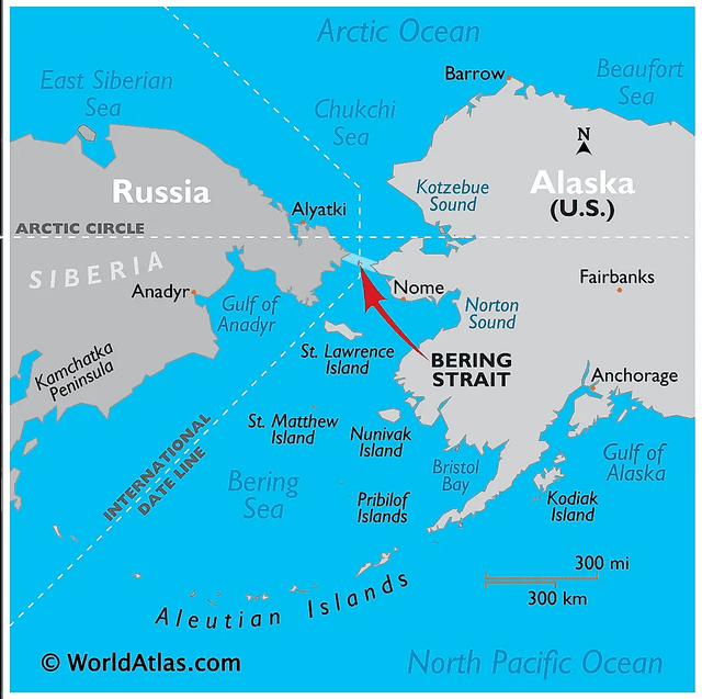  Ubicación del estrecho de Bering. Foto: World Atlas   