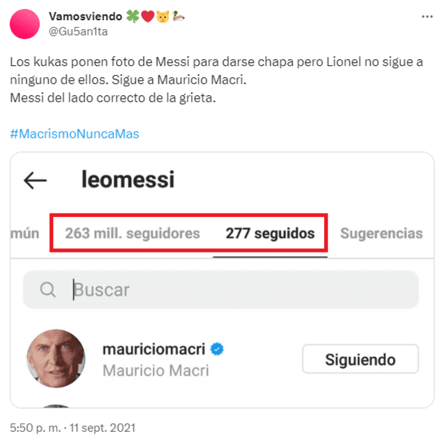  En septiembre de 2021, cuando Messi seguía a Macri, tenía 263 millones de seguidores y 277 seguidos. Foto: captura de Twitter   