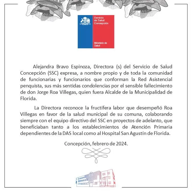 En las plataformas virtuales, envían condolencias tras la muerte de Jorge Roa, quien fuera alcalde de la Municipalidad de Florida. Foto: @servsaludconce 