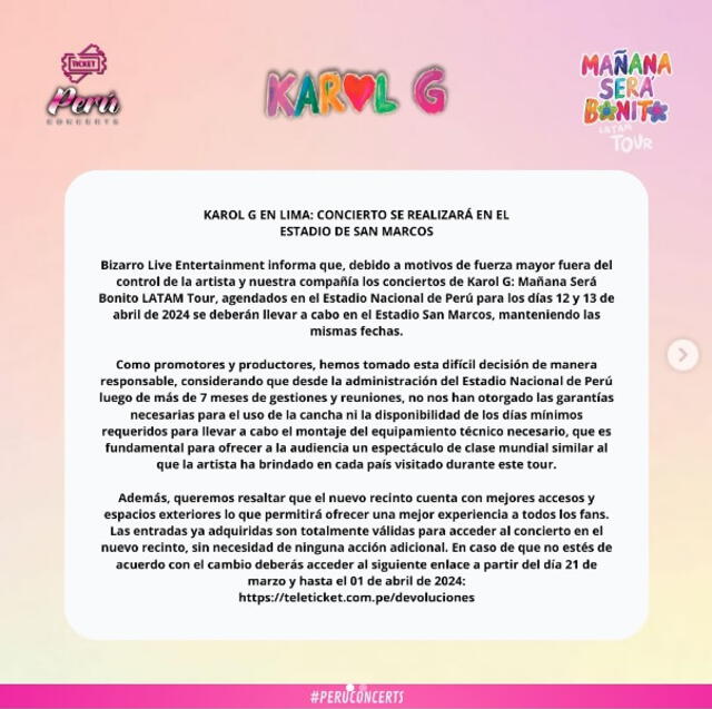 Anuncian cambio de locación para el concierto de Karol G. Foto: PerúConcerts   
