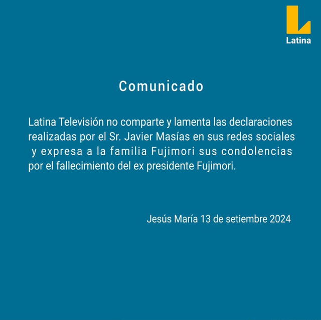  Latina le da la espalda a Javier Masías y rechaza su publicación sobre la muerte de Alberto Fujimori. Foto: Latina/Twitter   