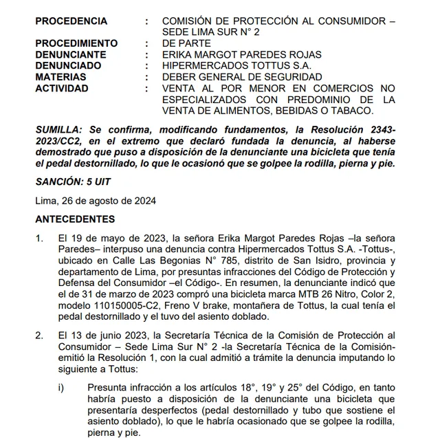  Parte del documento de la sentencia de Indecopi. Foto: LP Derecho.<br><br>    