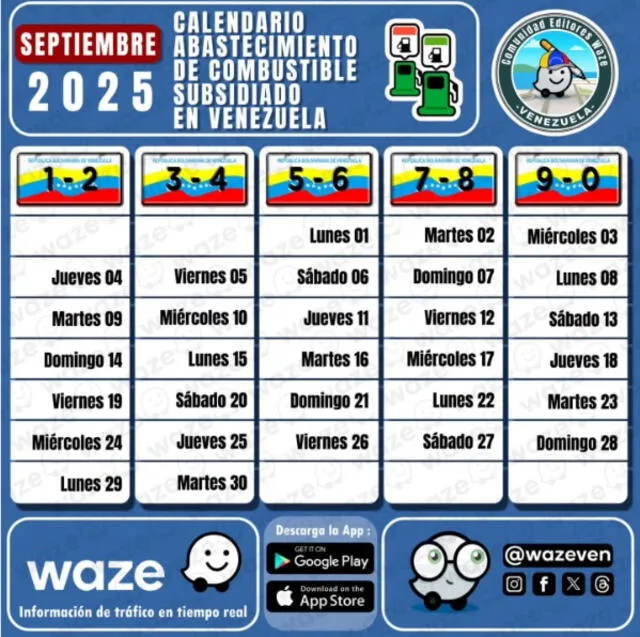  El cronograma para surtir gasolina subsidiada se renueva cada mes. Foto: Waze Venezuela/X   