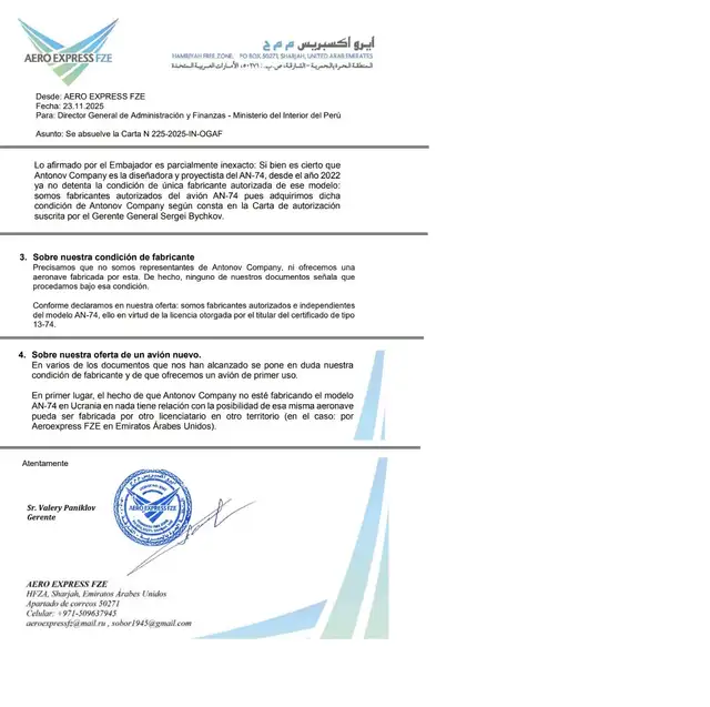 Fragmentos de la carta de Valery Paniklov de Aero Express FZE al Ministerio del Interior. Foto: La República Fragmentos de la carta de Valery Paniklov de Aero Express FZE al Ministerio del Interior. Foto: La República