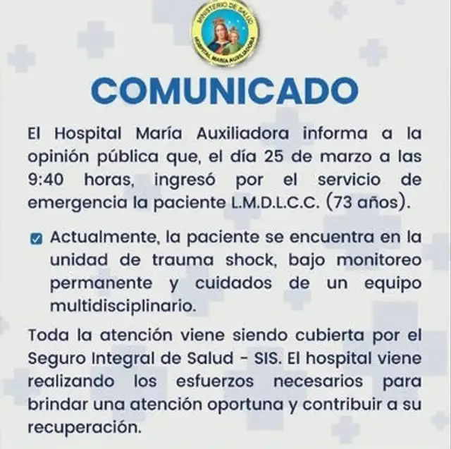 Comunicado del Hospital María Auxialiadora sobre Lucía de la Cruz. Foto: Facebook.  