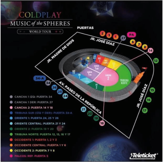 Distribución para ingresar al concierto de Coldplay en el Estadio Nacional. Foto: Difusión