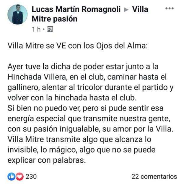 Lucas Romagnoli, el hincha invidente del Villa Mitre del fútbol argentino.