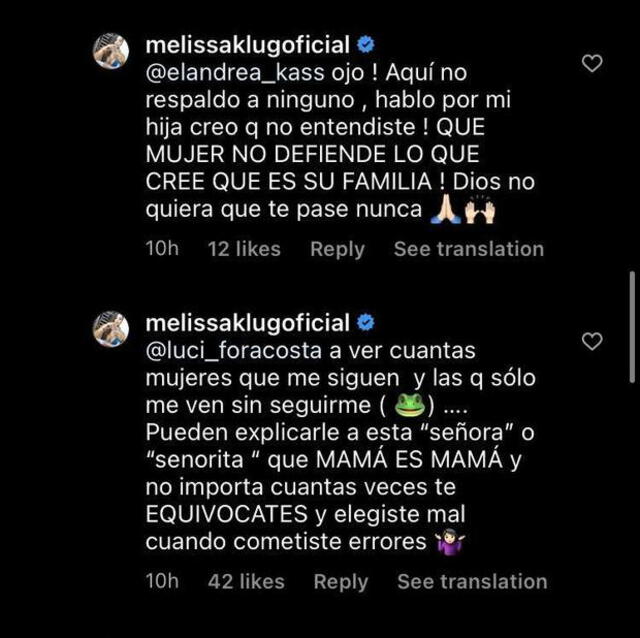 Melissa Klug defiende a Samahara Lobatón vía Instagram.