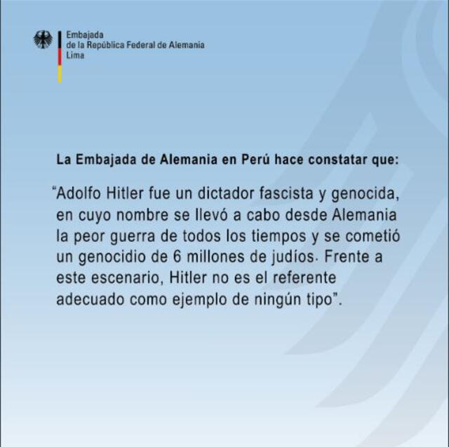 Embajada de Alemanía sobre desafortunada frase de Aníbal Torres. Foto: Captura Twitter