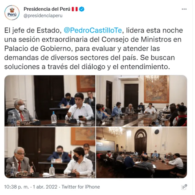 Castillo lidera sesión extraordinaria de Consejo de Ministros tras escalada de paro de transportistas. Foto: captura de Twitter