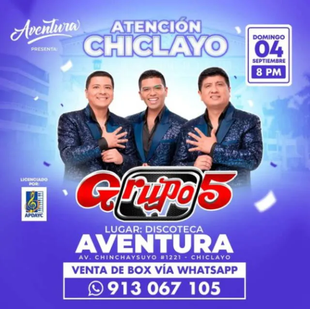 Grupo 5 se presentará en Chiclayo