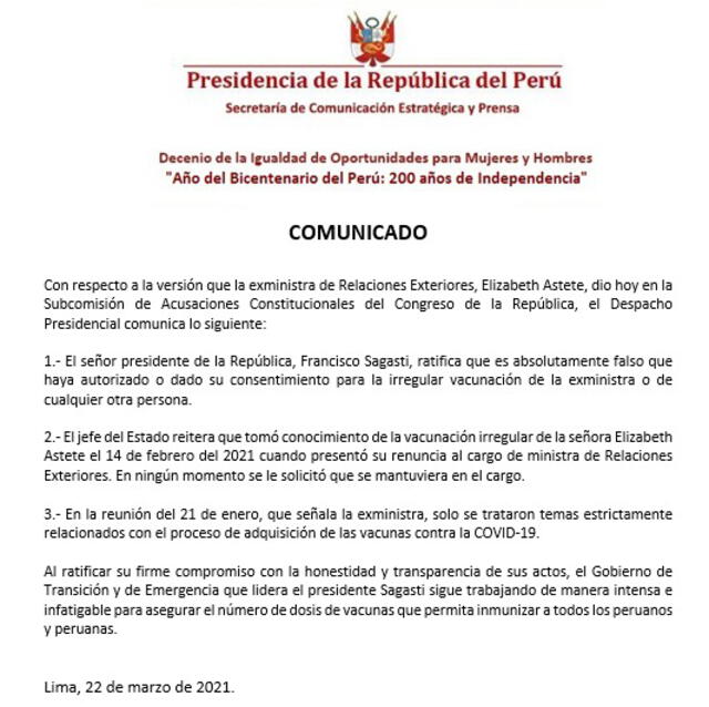 Comunicado de Presidencia sobre declaraciones de Elizabeth Astete.