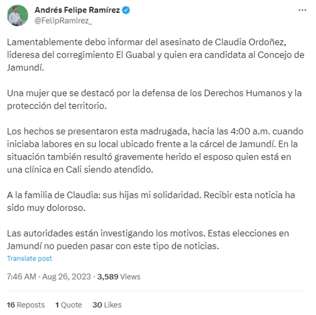 El alcalde de Jamundí expresó su pesar a través de su cuenta oficial de Instagram. Foto: @FeliRamirez_   