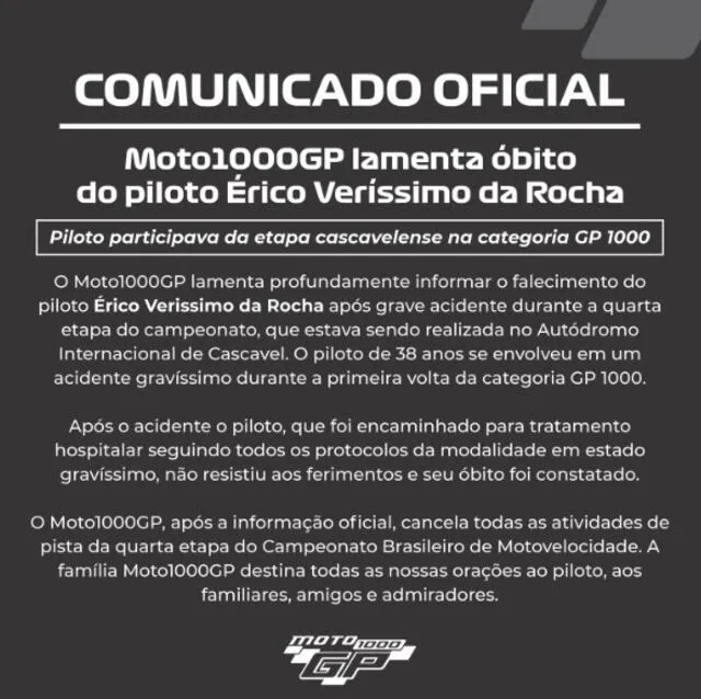 El comunicado oficial de Moto1000GP por la muerte de Erico. Foto: @moto1000gp   