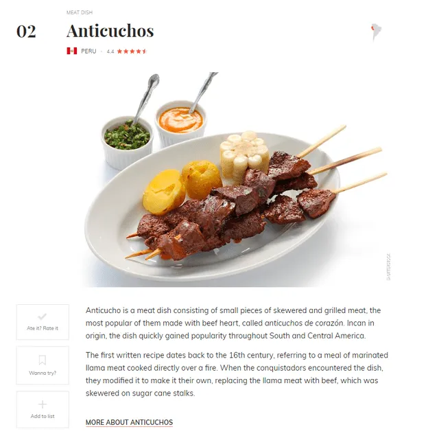  El anticucho es considerado como el segundo mejor plato callejero del Perú. Foto: Taste Atlas 