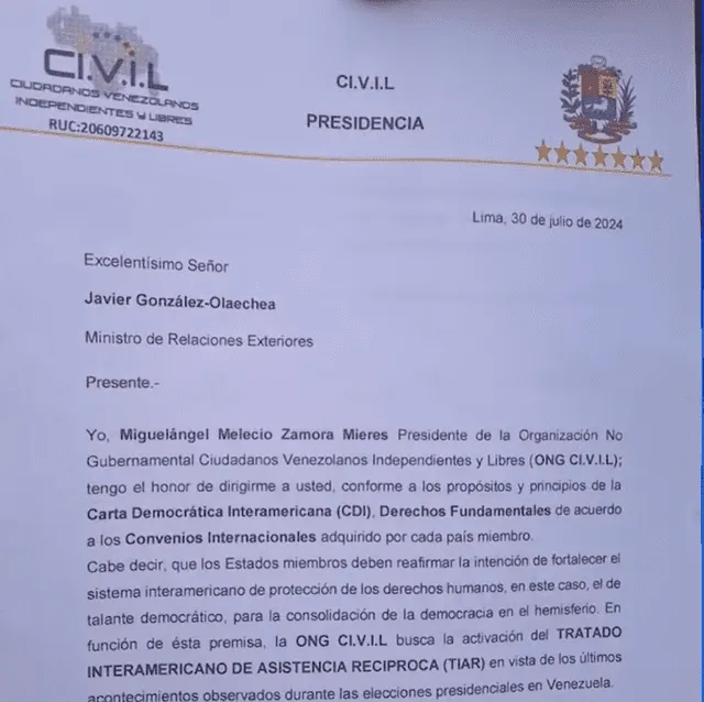 Esta es la carta enviada por la ONG Civil. Foto: Exitosa   