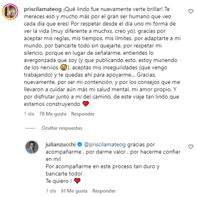  Priscila Mateo mostró su apoyo a Julián Zucchi tras el éxito de su show. Foto: Instagram    