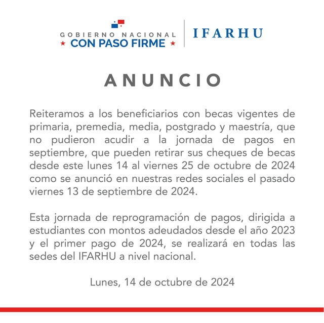  Ifarhu anunció la jornada de pagos en Panamá. Foto: X/IFARHU   