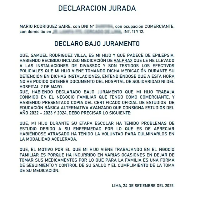  Declaración jurada del padre de Samuel Rodríguez | Foto: LR.   
